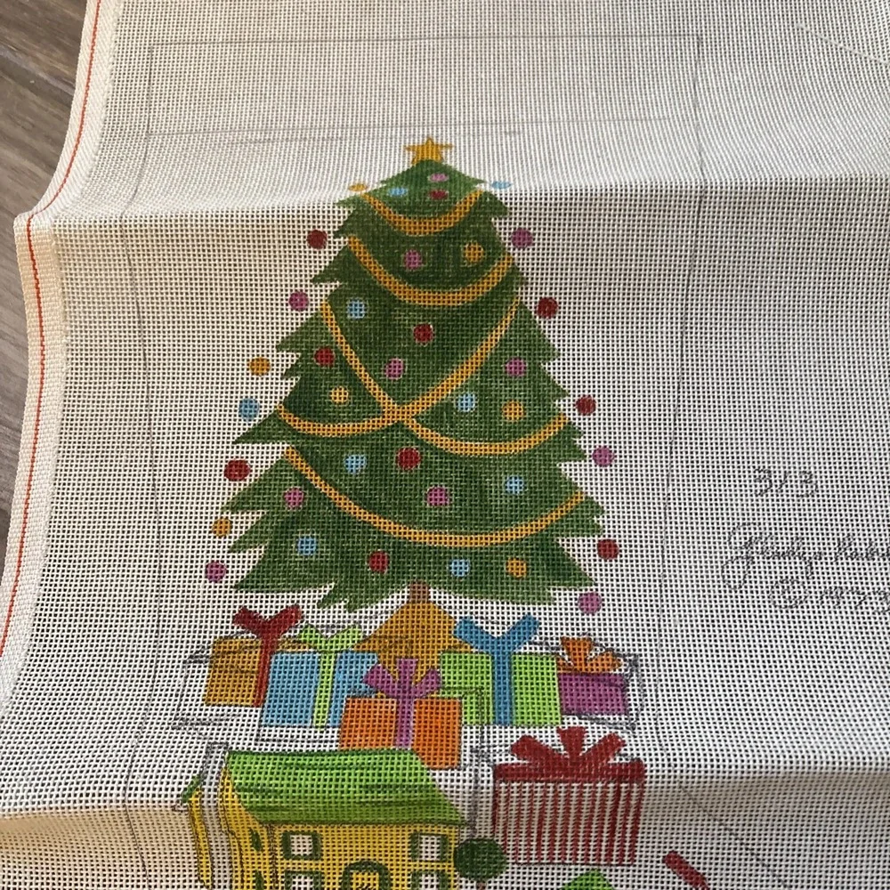 Vintage needlepoint canvas handpainted Christmas Tree & Presents Stocking New